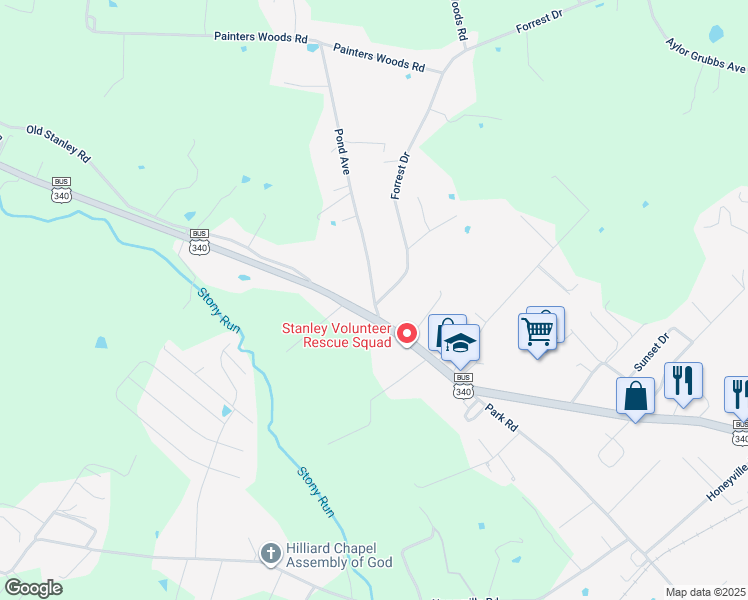 map of restaurants, bars, coffee shops, grocery stores, and more near 10160 Forrest Drive in Stanley