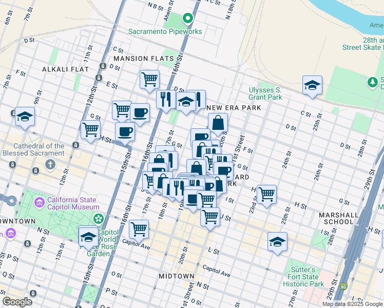 map of restaurants, bars, coffee shops, grocery stores, and more near 1818 G Street in Sacramento