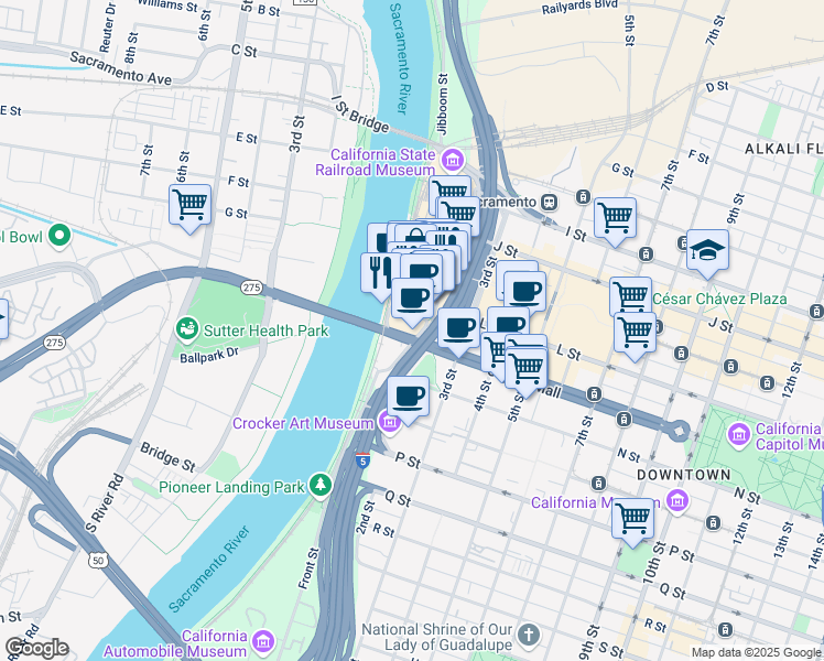 map of restaurants, bars, coffee shops, grocery stores, and more near 1 Capitol Mall in Sacramento
