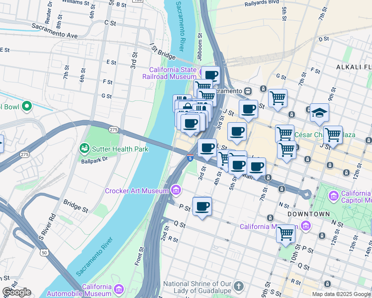 map of restaurants, bars, coffee shops, grocery stores, and more near 1 Capitol Mall in Sacramento