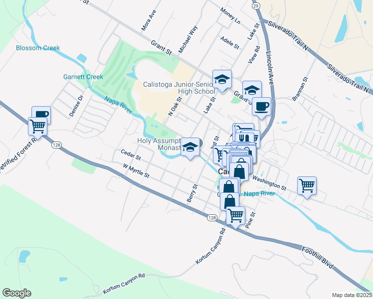 map of restaurants, bars, coffee shops, grocery stores, and more near 1715 Washington Street in Calistoga