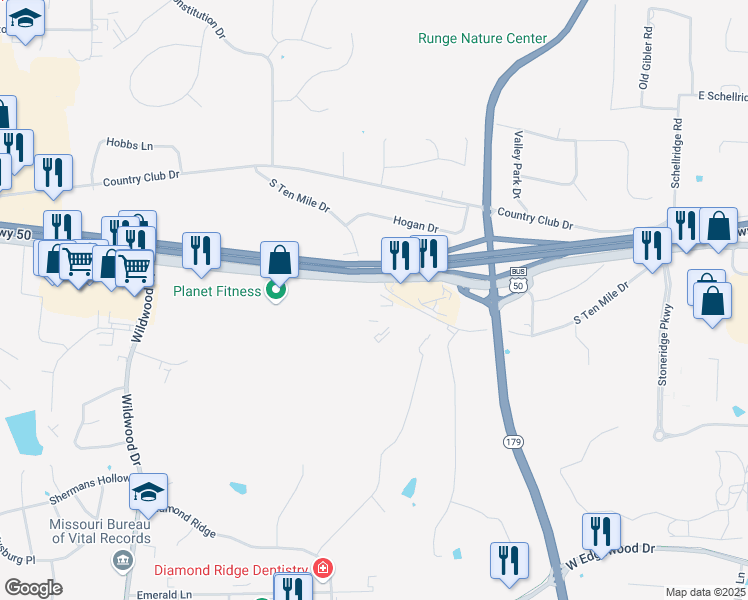 map of restaurants, bars, coffee shops, grocery stores, and more near 3201 Missouri Boulevard in Jefferson City