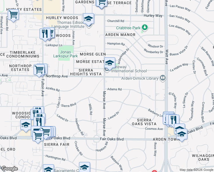 map of restaurants, bars, coffee shops, grocery stores, and more near 3101 Adams Road in Sacramento
