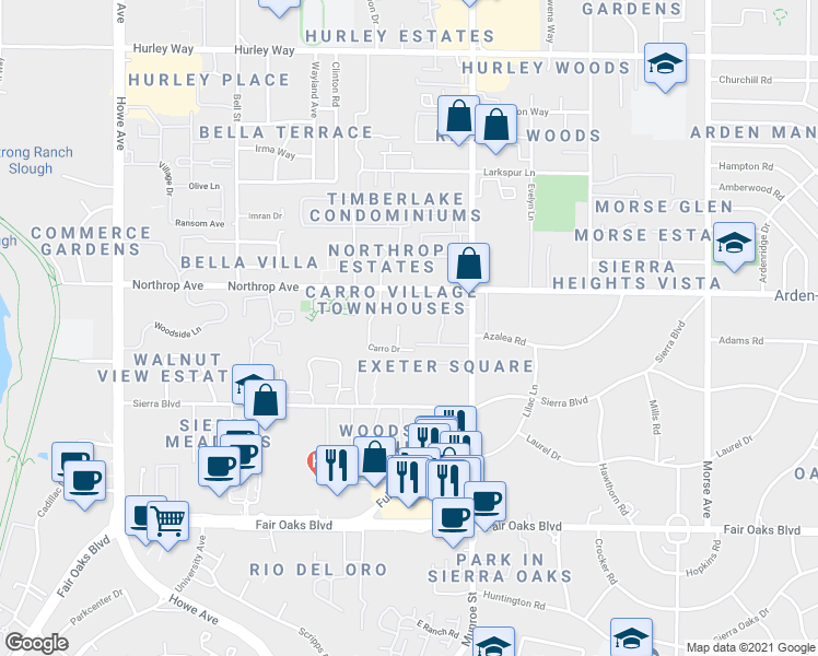 map of restaurants, bars, coffee shops, grocery stores, and more near 760 Carro Drive in Sacramento