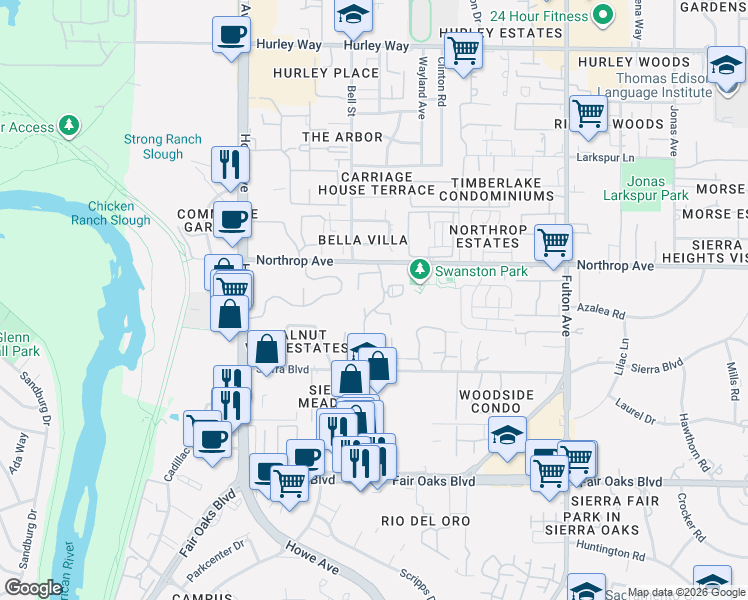 map of restaurants, bars, coffee shops, grocery stores, and more near 800 Woodside Lane East in Sacramento