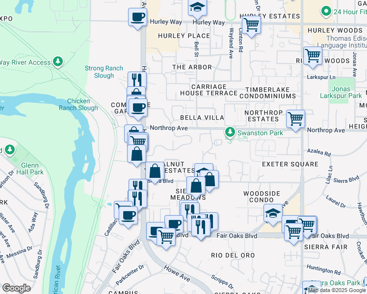 map of restaurants, bars, coffee shops, grocery stores, and more near 2279 Sierra Boulevard in Sacramento