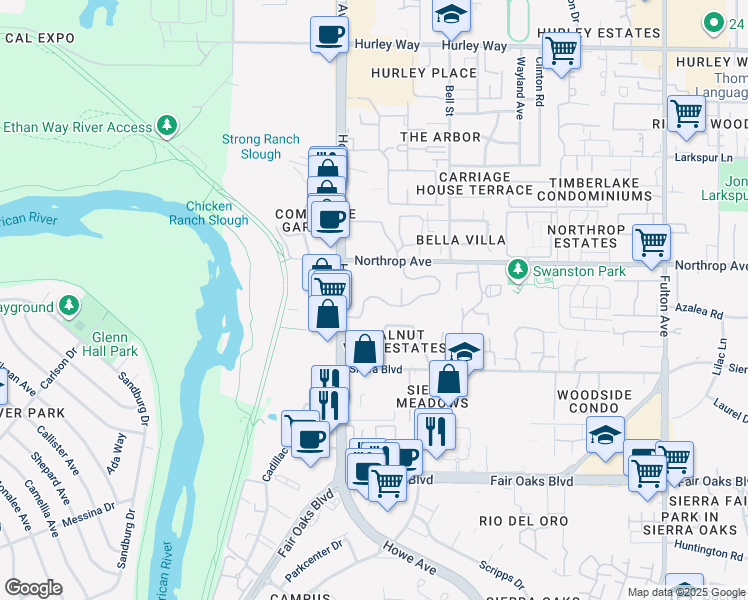 map of restaurants, bars, coffee shops, grocery stores, and more near 2229 Woodside Lane in Sacramento