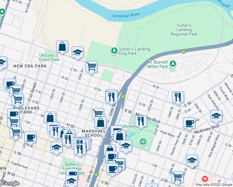 map of restaurants, bars, coffee shops, grocery stores, and more near 2822 D Street in Sacramento