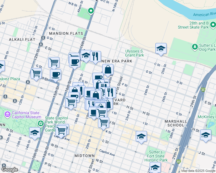 map of restaurants, bars, coffee shops, grocery stores, and more near 1931 H Street in Sacramento