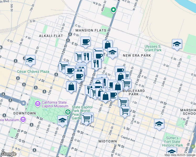 map of restaurants, bars, coffee shops, grocery stores, and more near 1622 H Street in Sacramento