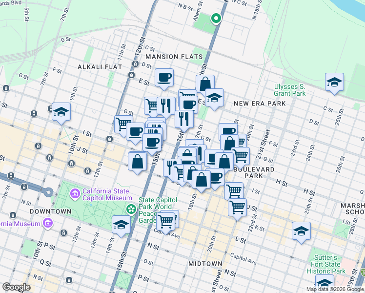 map of restaurants, bars, coffee shops, grocery stores, and more near 731 16th Street in Sacramento