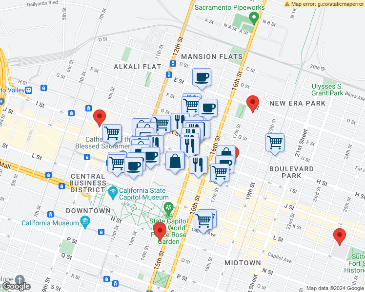 map of restaurants, bars, coffee shops, grocery stores, and more near 818 15th Street in Sacramento