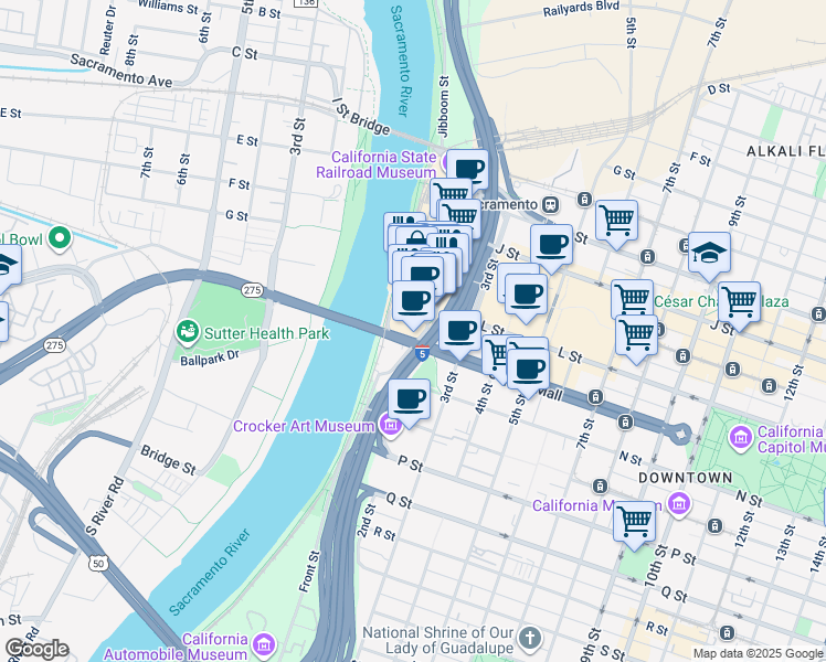 map of restaurants, bars, coffee shops, grocery stores, and more near 5 Capitol Mall in Sacramento