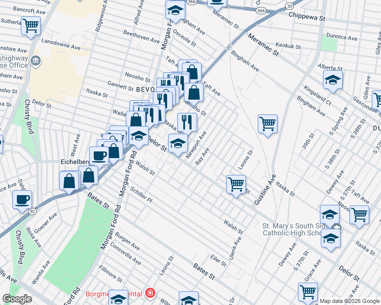 map of restaurants, bars, coffee shops, grocery stores, and more near 4729 Ray Avenue in St. Louis