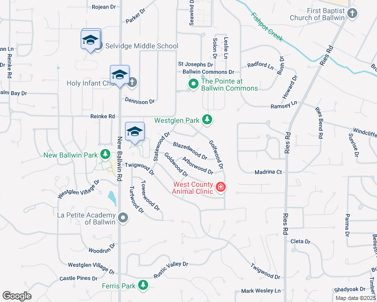 map of restaurants, bars, coffee shops, grocery stores, and more near 531 Arborwood Drive in Ballwin