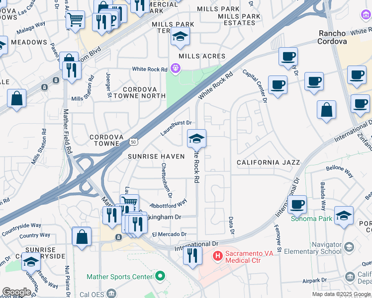 map of restaurants, bars, coffee shops, grocery stores, and more near 10371 South White Rock Road in Rancho Cordova