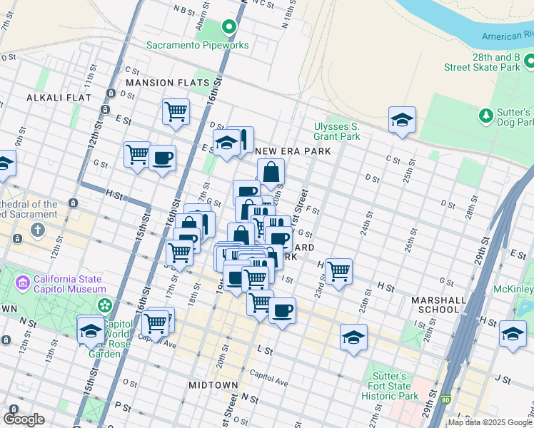 map of restaurants, bars, coffee shops, grocery stores, and more near 1931 H Street in Sacramento