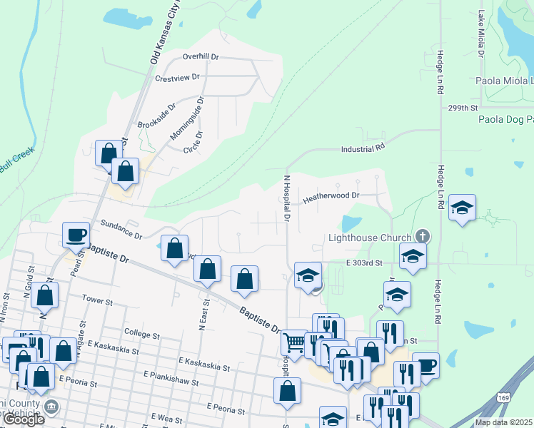 map of restaurants, bars, coffee shops, grocery stores, and more near 1026 North Hospital Drive in Paola