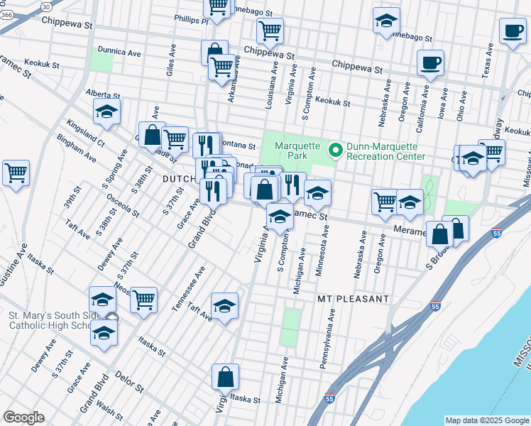 map of restaurants, bars, coffee shops, grocery stores, and more near 3301 Meramec Street in St. Louis