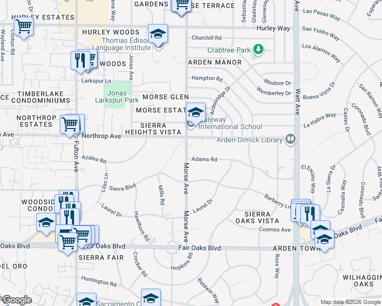 map of restaurants, bars, coffee shops, grocery stores, and more near 3101 Adams Road in Sacramento
