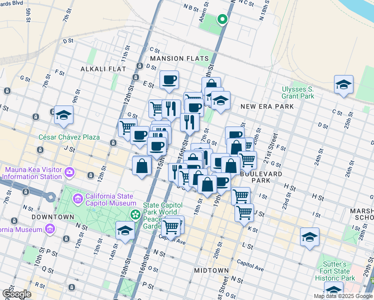map of restaurants, bars, coffee shops, grocery stores, and more near 1622 H Street in Sacramento