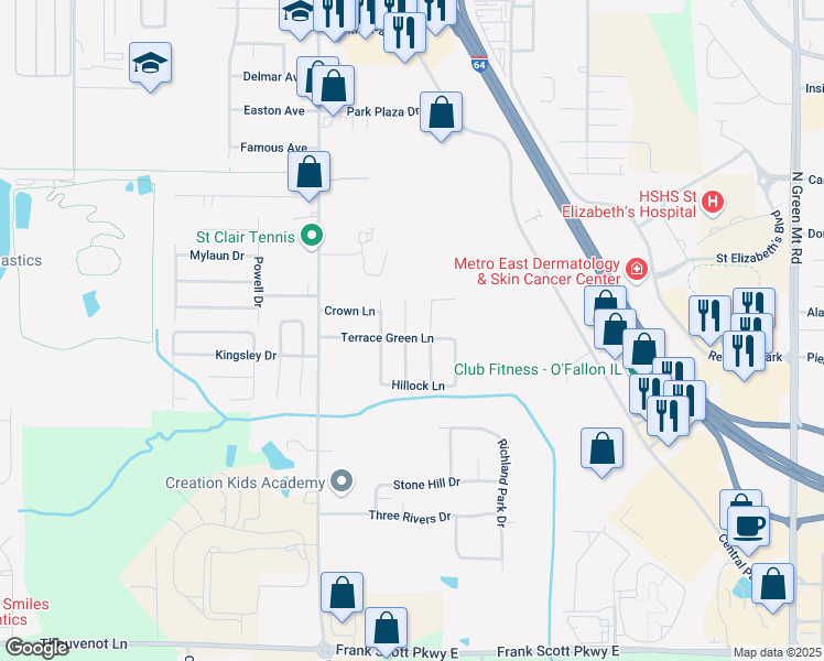 map of restaurants, bars, coffee shops, grocery stores, and more near 1244 Terrace Green Lane in O'Fallon