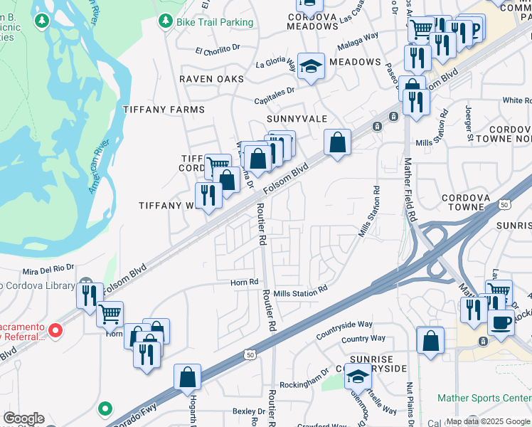 map of restaurants, bars, coffee shops, grocery stores, and more near 2929 Routier Road in Sacramento
