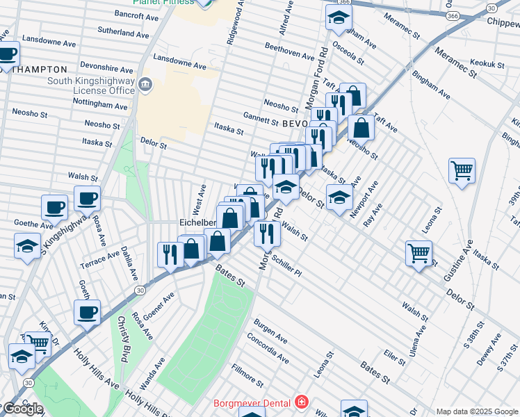 map of restaurants, bars, coffee shops, grocery stores, and more near 204 Walsh Street in St. Louis