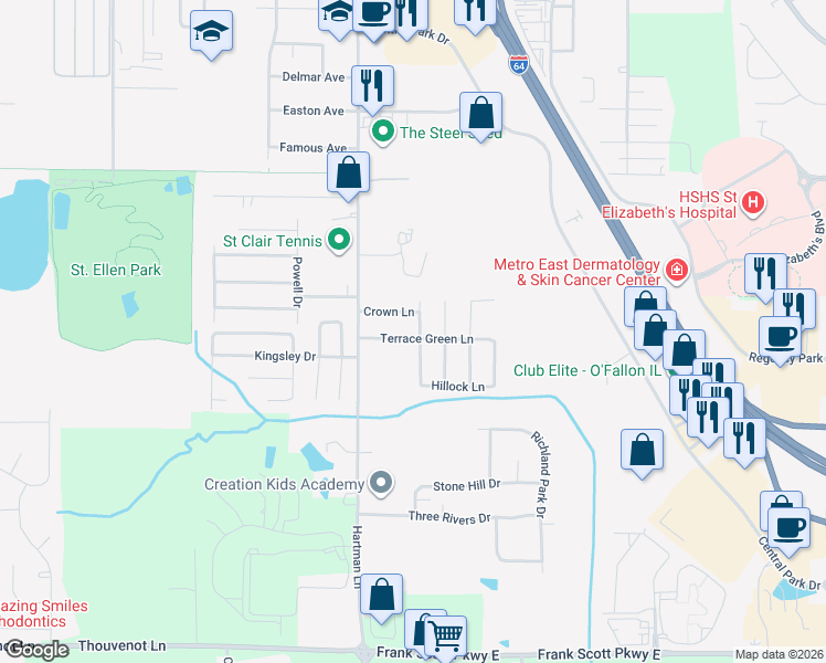 map of restaurants, bars, coffee shops, grocery stores, and more near 1319 Terrace Green Lane in O'Fallon