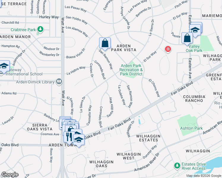 map of restaurants, bars, coffee shops, grocery stores, and more near 821 La Goleta Way in Sacramento