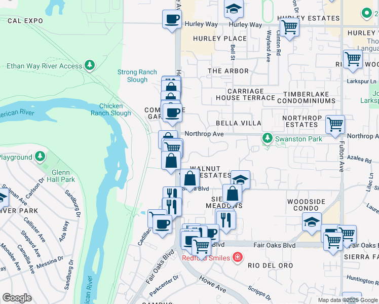 map of restaurants, bars, coffee shops, grocery stores, and more near 2229 Woodside Lane in Sacramento