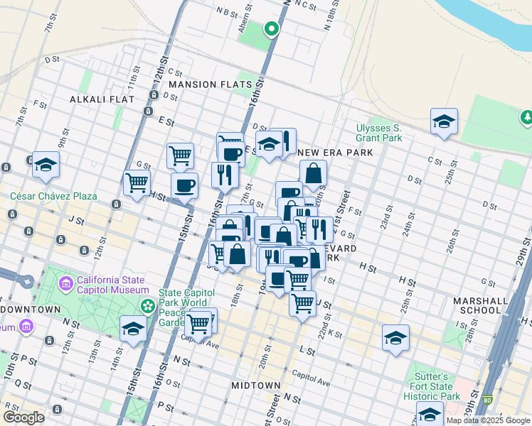 map of restaurants, bars, coffee shops, grocery stores, and more near 1820 G Street in Sacramento