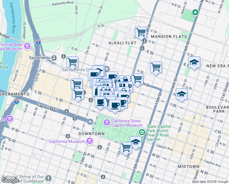 map of restaurants, bars, coffee shops, grocery stores, and more near in Sacramento