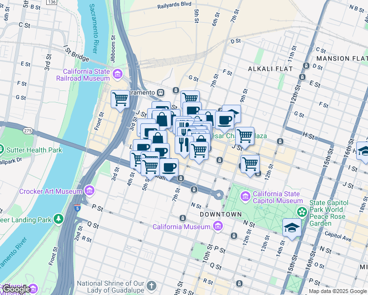 map of restaurants, bars, coffee shops, grocery stores, and more near 630 K Street in Sacramento