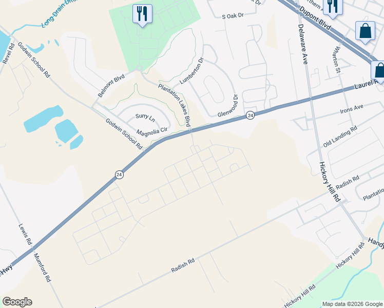 map of restaurants, bars, coffee shops, grocery stores, and more near 24696 Godwin School Road in Millsboro
