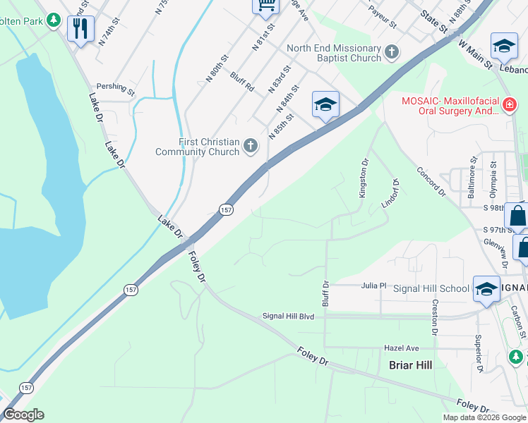 map of restaurants, bars, coffee shops, grocery stores, and more near 8910 Bluff Hill Road in Belleville