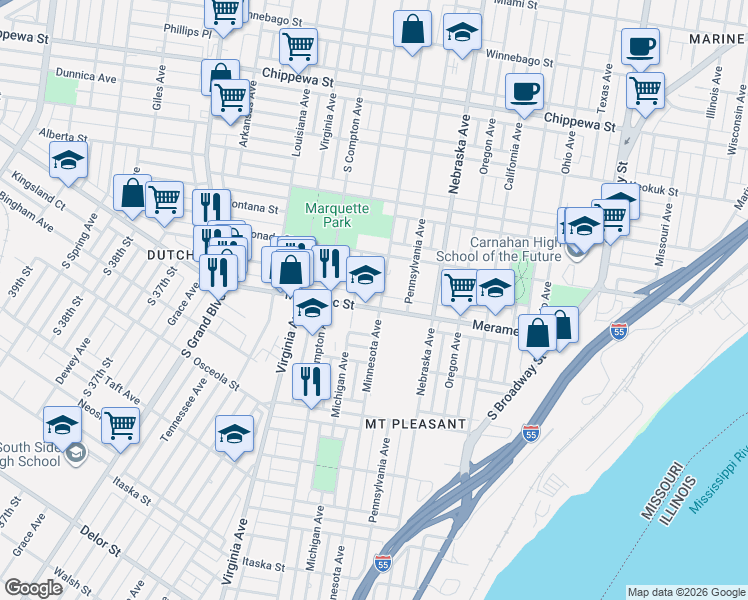 map of restaurants, bars, coffee shops, grocery stores, and more near 3112 Meramec Street in St. Louis