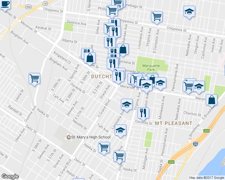 map of restaurants, bars, coffee shops, grocery stores, and more near 3540 Kingsland Court in St. Louis