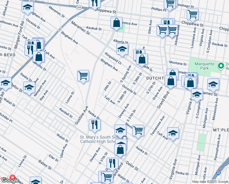 map of restaurants, bars, coffee shops, grocery stores, and more near 4448 South Spring Avenue in St. Louis