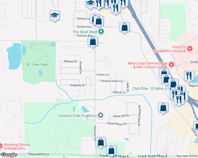 map of restaurants, bars, coffee shops, grocery stores, and more near 1349 Terrace Green Lane in O'Fallon