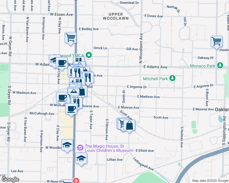 map of restaurants, bars, coffee shops, grocery stores, and more near 332 East Madison Avenue in Kirkwood
