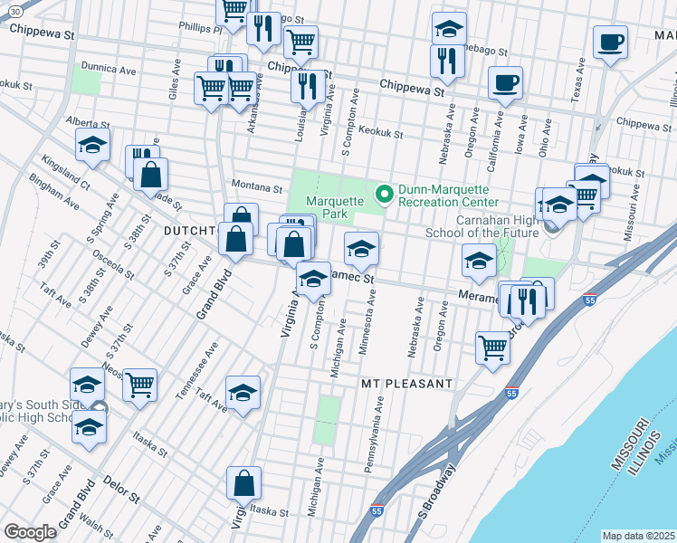map of restaurants, bars, coffee shops, grocery stores, and more near 3112 Meramec Street in St. Louis