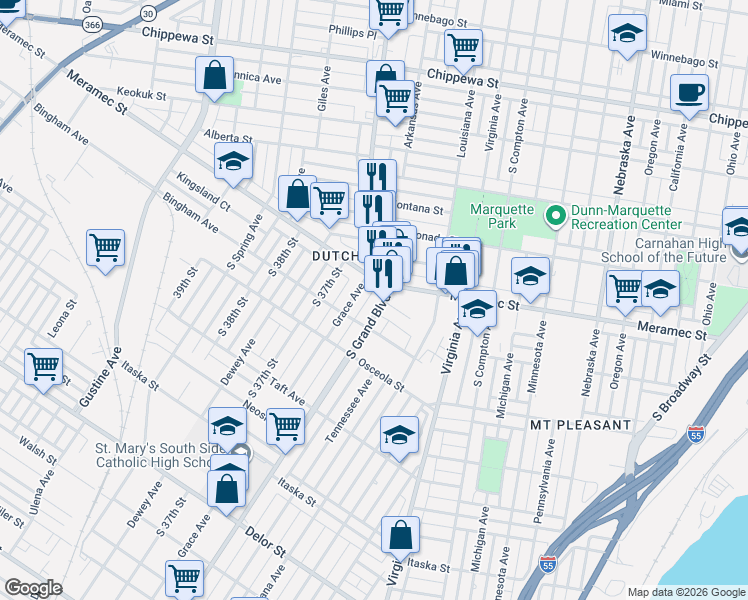 map of restaurants, bars, coffee shops, grocery stores, and more near 3540 Kingsland Court in St. Louis