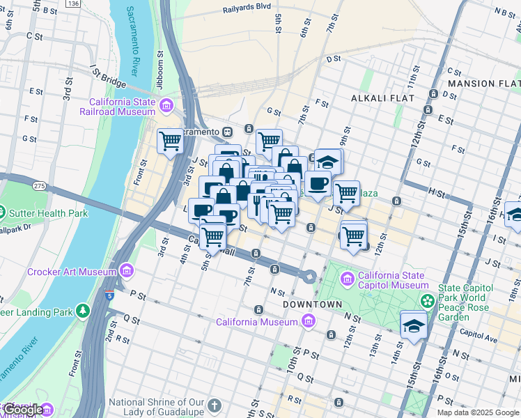 map of restaurants, bars, coffee shops, grocery stores, and more near 630 K Street in Sacramento