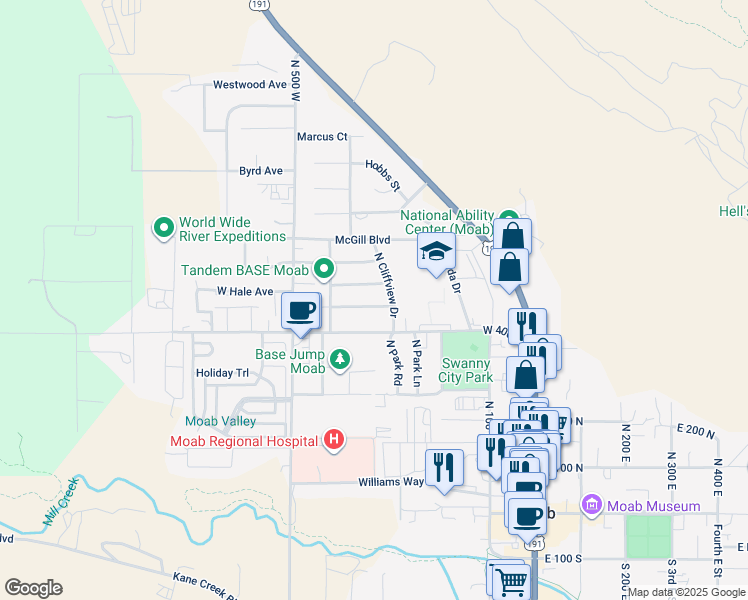 map of restaurants, bars, coffee shops, grocery stores, and more near 321 Wingate Avenue in Moab