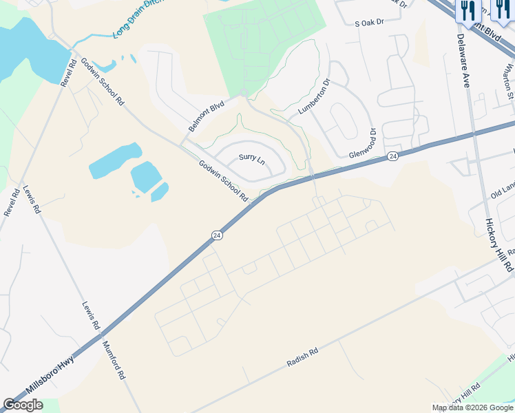 map of restaurants, bars, coffee shops, grocery stores, and more near 29777 Millsboro Highway in Millsboro