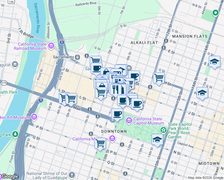 map of restaurants, bars, coffee shops, grocery stores, and more near 800 J Street in Sacramento