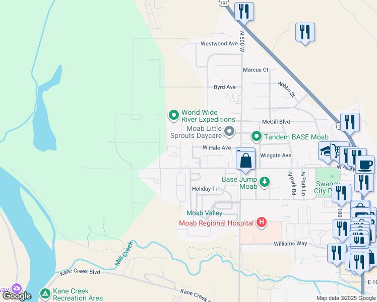map of restaurants, bars, coffee shops, grocery stores, and more near 458 Riversands Road in Moab