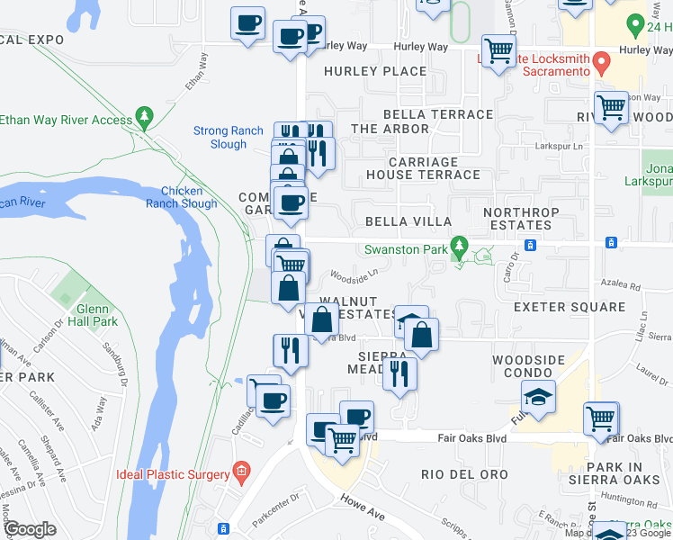 map of restaurants, bars, coffee shops, grocery stores, and more near 2248 Woodside Lane in Sacramento