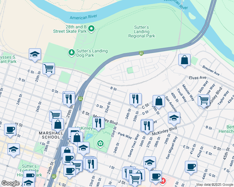 map of restaurants, bars, coffee shops, grocery stores, and more near 3204 B Street in Sacramento